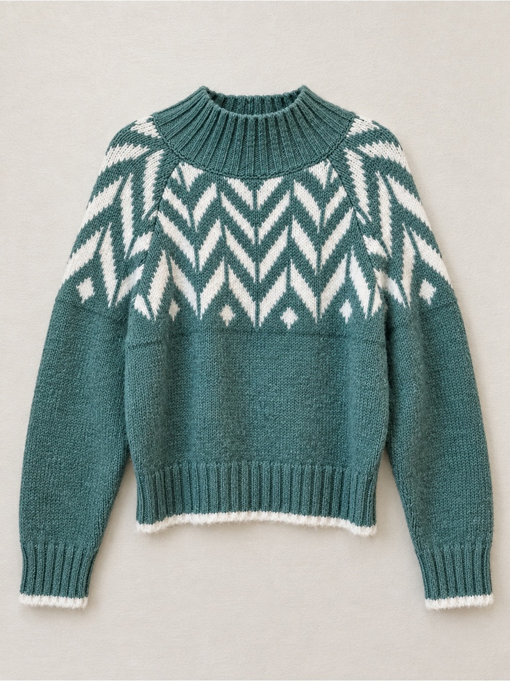 A New Day Medium Teal Fair Isle Nordic Mock Neck Sweater Cozy Winter Knit